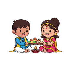Cute Cartoon Indian Brother and Sister Sharing Sweets and Diya Lamp for Festive Occasions like Diwali