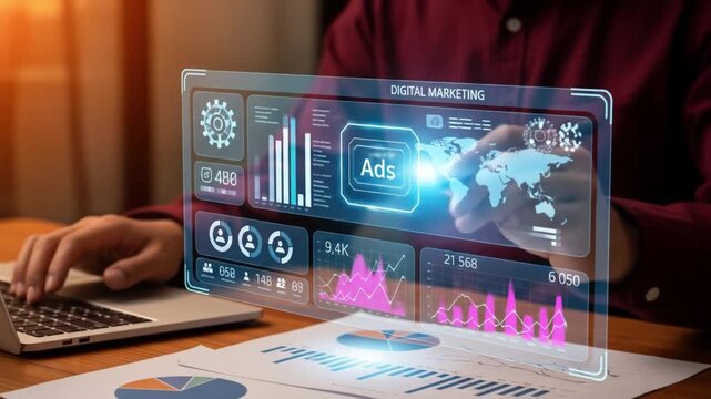 Digital advertising and marketing analytics concept. professional analyzes ad performance dashboard, showcasing customer engagement insights, social media strategy, audience targeting, ROI measurement