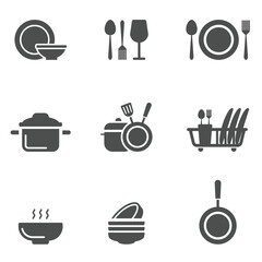 Kitchen equipment icon set isolated on white background.
