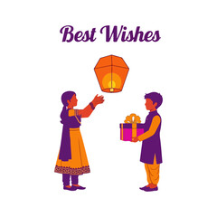 Two Children Release Sky Lantern While Presenting a Gift.