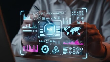 Digital advertising and marketing analytics concept. professional analyzes ad performance dashboard, showcasing customer engagement insights, social media strategy, audience targeting, ROI measurement