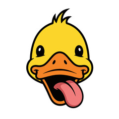 Funny cartoon duck face with tongue sticking out silhouette isolated on white background