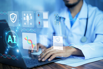 Doctor use AI artificial intelligence to improve digital healthcare and medical efficiency.