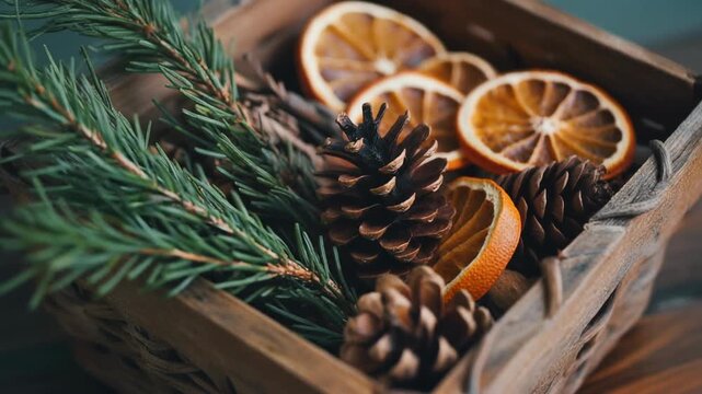 Christmas Rustic Decor Oranges Pine Cones Evergreen.