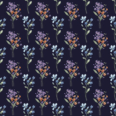 Seamless pattern with wildflowers, repeating paper, dark blue background.. Floral backdrop for textile, fabric, wallpaper. Hand drawn flowers.