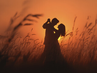 Silhouette of a Couple Embracing in a Field at Sunset - Valentine's Day Romance