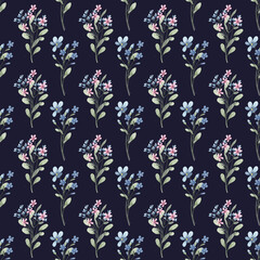 Seamless pattern with wildflowers, repeating paper, dark blue background.. Floral backdrop for textile, fabric, wallpaper. Hand drawn flowers.
