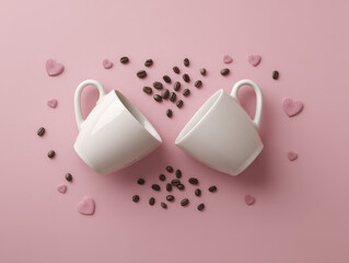 Two White Mugs Beside Scattered Hearts and Coffee Beans on Pink Background