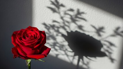 Single red rose casting shadow