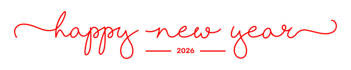 Red Script Calligraphy Happy New Year 2026, Minimalist Greeting Card Typography Design PNG Image