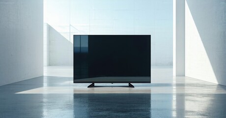 Fototapeta premium Minimalist room features large black television. Bright light creates strong shadows, emphasizing sleek design. Modern interior, simple aesthetic.
