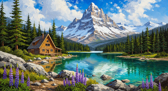 frame cabin by mountain lake with purple lupines landscape oil painting 3D relief wallpaper for mural wall art, canvas print, wall decor painting design