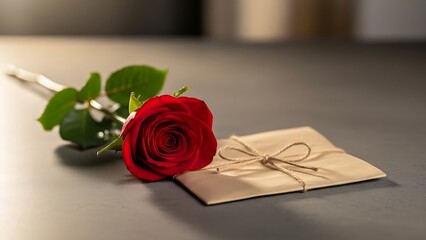 Single red rose beside a sealed letter