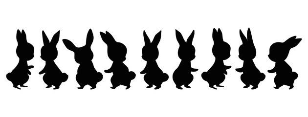 Set of rabbit silhouettes. Easter bunnies. Isolated on a white background. Simple black icons of hares. Cute animals for logo, emblem, pictogram, print, design element, greeting card.
Spring collectio
