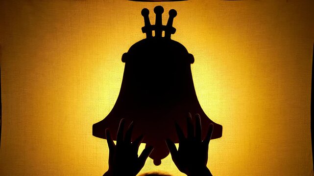 Silhouette Hands Manipulating Bell Shape Object in Shadow Theater