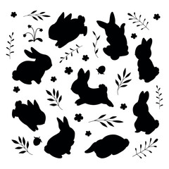Set of rabbit silhouettes. Easter bunnies. Isolated on a white background. Simple black icons of hares. Cute animals for logo, emblem, pictogram, print, design element, greeting card.
Spring collectio