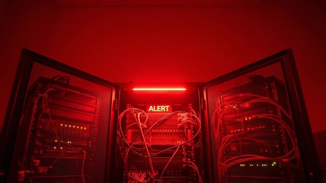 Data server cabinet with red alert light. Information technology emergency in data center. Critical system failure warning.