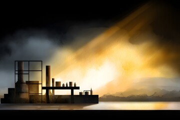 Fototapeta premium Steampunk-inspired surreal factory with floating machines and robot drones, sepia-toned watercolor overlay, dramatic lighting with sunbeams, large empty space to the right for promotional text,