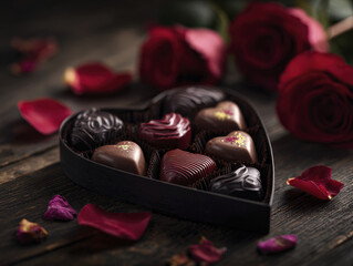Heart-shaped Box of Chocolate Candies with Red Roses on Wooden Background