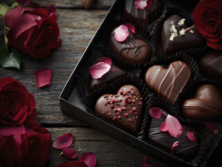 Heart-Shaped Chocolates Box with Red Roses and Petals on Wooden Table