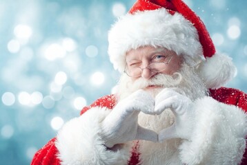 Close-up of Santa Claus making a heart gesture with his hands and winking, wearing glasses, with space for text. Discount product advertisement. 