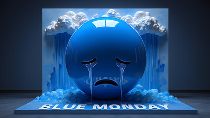 A large blue emoji crying under a rainy sky, representing the concept of blue monday.