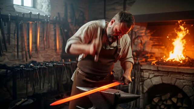 Male blacksmith forging hot metal blade with hammer and anvil near fire in workshop for historical weapons