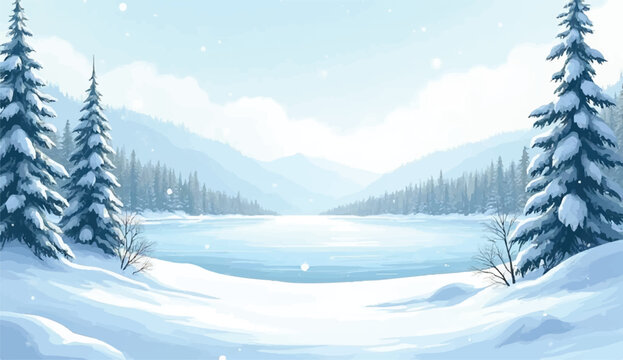 Winter snowy landscape,winter background of snow and frost with landscape of forest,Winter abstract landscape. Sunlight in the winter forest. Panorama of Lake landscape in winter. 