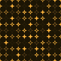 A seamless pattern with orange stars of varying brightness on a dark background. Vector illustration. Perfect for your wallpaper, fabric, packaging, and background designs in a cosmic, galactic style.