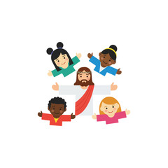 Bearded central figure surrounded by diverse children illustration.