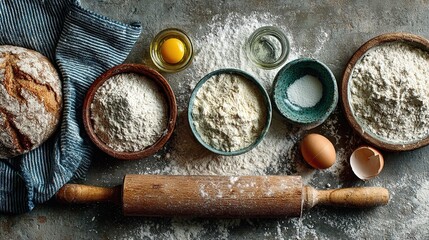 Flat lay of pizza dough ingredients on a rustic stone countertop featuring flour bowls, oil jars, a rolling pin, and scattered eggshells. Cozy home baking scene with detailed texture.