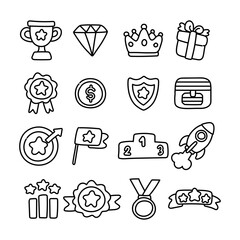 Medal trophy cup award outline vector design with star gold ribbon gift sport line success and crown