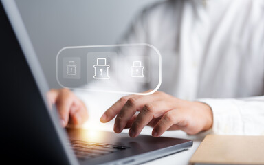 Cybersecurity awareness concept showing people use laptops with padlock icons, ensuring secure internet access, protecting financial transactions, user privacy, and data encryption from cyber attacks.