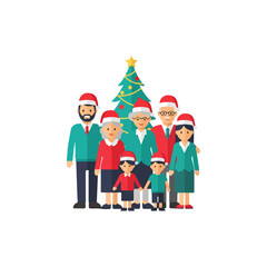 Happy family Christmas celebration, multi-generational cartoon group with Santa hats, holiday season festive gathering vector art