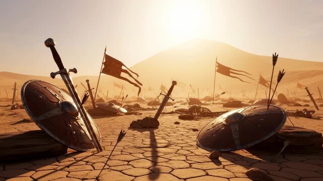 Abandoned medieval battleground at sunset with swords, shields, arrows, and flags. Ancient desert warfare concept.