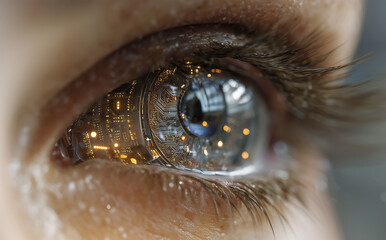 Human eye with futuristic cyberpunk technology digital contact lens. Biometric computer vision. Future tech, artificial intelligence