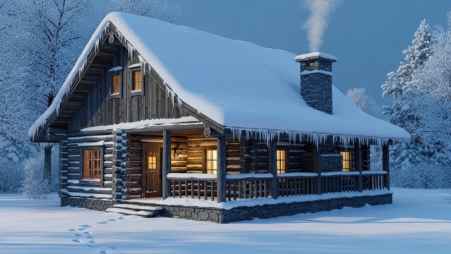 Cozy winter log cabin nestled in a snow-covered landscape providing warmth and comfort - Powered by Adobe