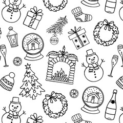 Seamless Christmas doodle pattern with hand drawn fireplace, snowmen, gifts, wreaths, stockings, tree, snow globes, champagne glasses. Cute black line art on white background for wrapping paper.