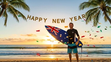 Australian Man holding surfboard celebrating New Year's Eve on sunny beach.