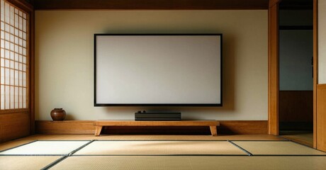 Fototapeta premium Minimalist room features tatami mats, wooden console, blank screen. Soft light creates calm atmosphere. Simple design emphasizes space.