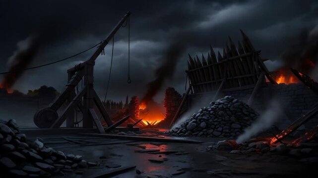 Medieval battlefield with catapult and burning structures under a dark sky, depicting destruction and siege warfare