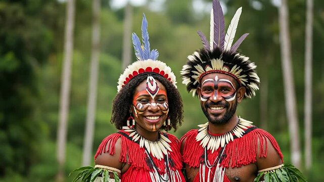 Papua New Guinean couple smiling in tribal costume rainforest setting