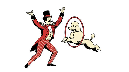 Obraz premium Circus Ringmaster with Top Hat Directs Poodle Jumping Through Hoop Vector Art