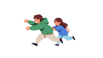 Happy Children Running Together, Chasing Fun Outdoors, Playful Siblings Lifestyle Illustration © eaceu