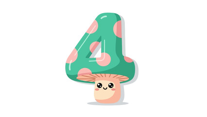 Cute Green Mushroom Shaped Number 4 with Pink Polka Dots and Happy Face