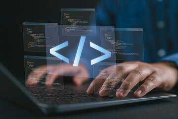 Programmer working on a laptop with virtual screens of code and coding icons, representing software engineering, web development, and the creation of complex digital solutions.