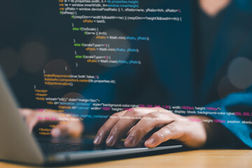 Software developer coding on a laptop, representing intelligent innovation, computer programming, software engineering, system architecture, and digital data technology management.