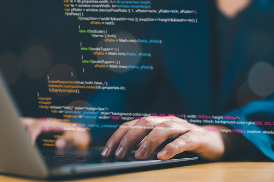 Software developer coding on a laptop, representing intelligent innovation, computer programming, software engineering, system architecture, and digital data technology management.