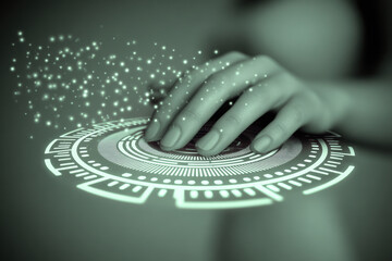 Futuristic user interface circular hud touch control with hand interaction, glowing particles create immersive tech atmosphere