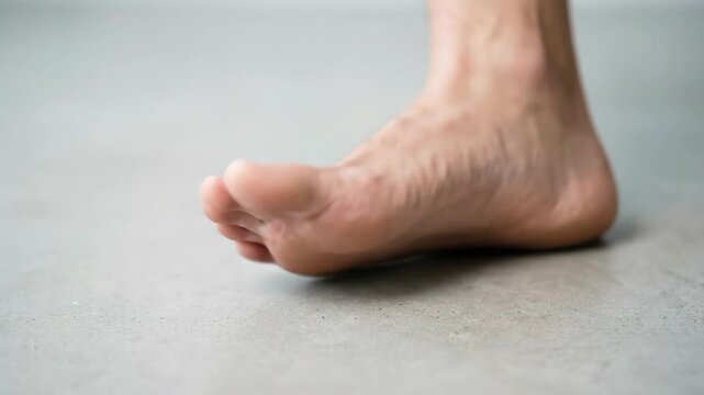 Close up of a bare human foot resting on a light gray tiled floor.